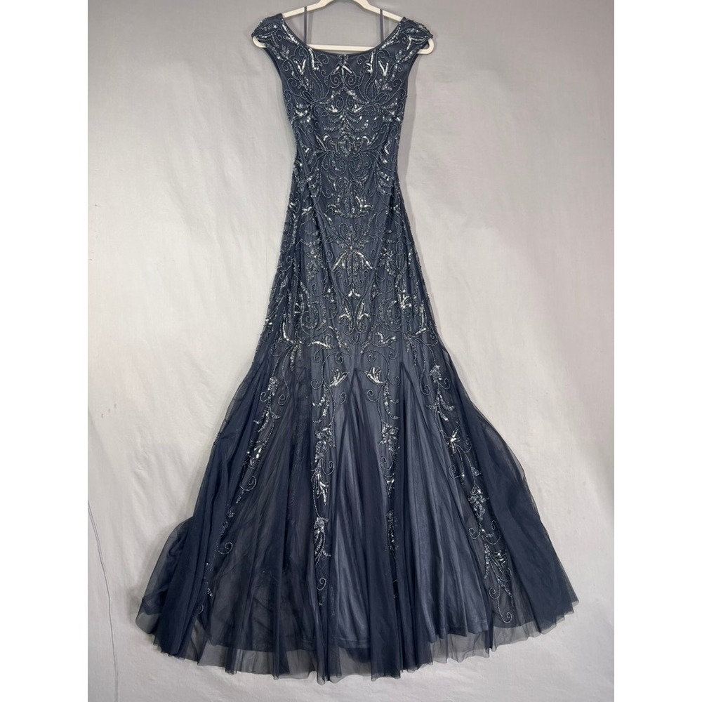 Navy Blue Sequin Beaded Mesh Mermaid Evening Gown Formal Prom Dress Sleeveless